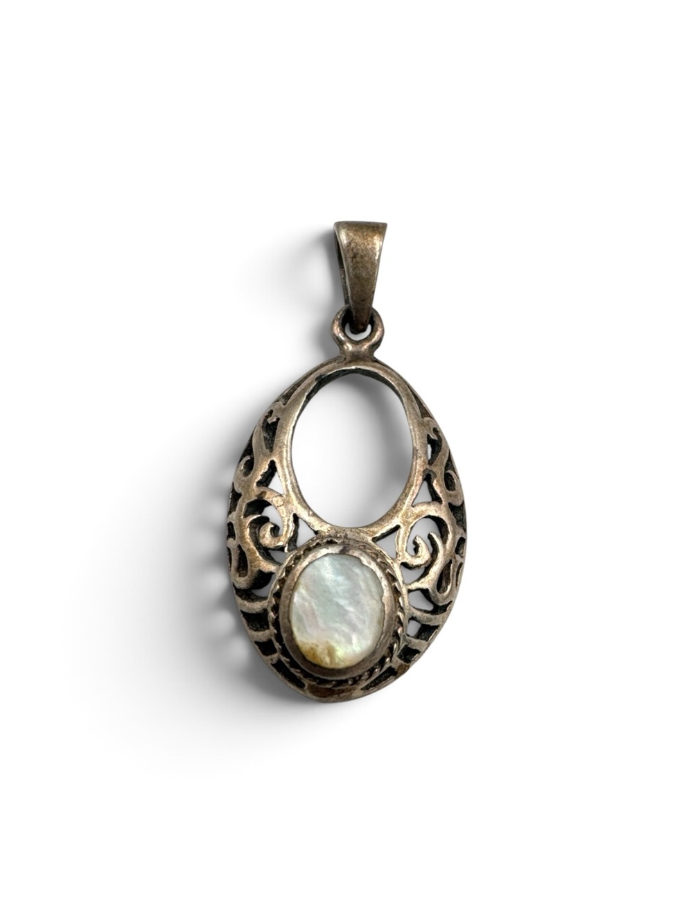 Vintage Sterling Silver Mother of Pearl MOP Filigree Pendant Openwork 1.25”